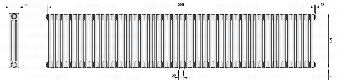 Схема (чертеж) Радиатор Zehnder Charleston 3120/58 №5410 Белый глянцевый RAL 9016